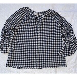 GAP Navy Blue Gingham Plaid Blouse Small Tall ST Ruched Tie Sleeve Cottagecore
